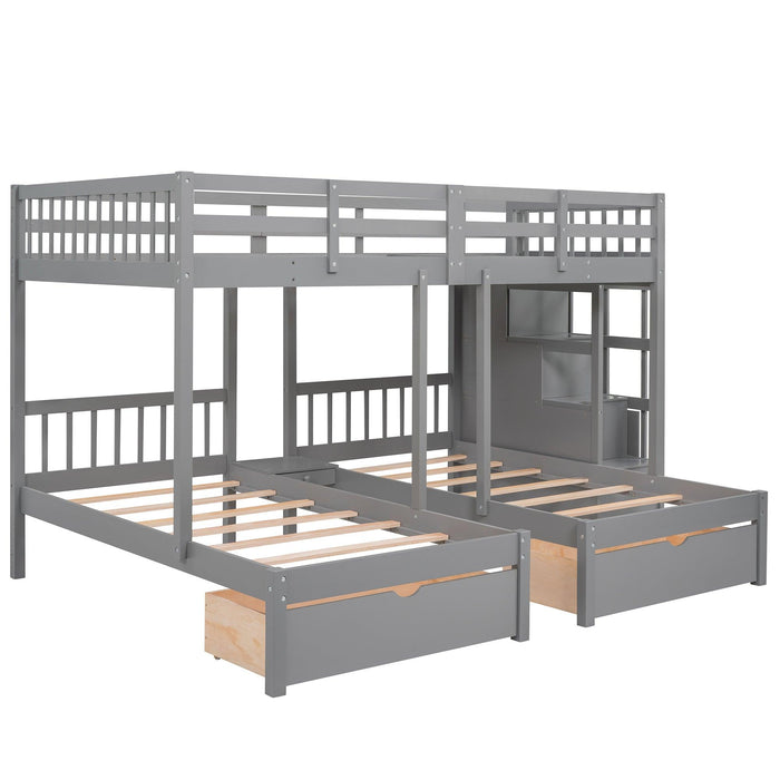 Full over Twin and Twin Bunk Bed with Drawers and Guardrail - Gray