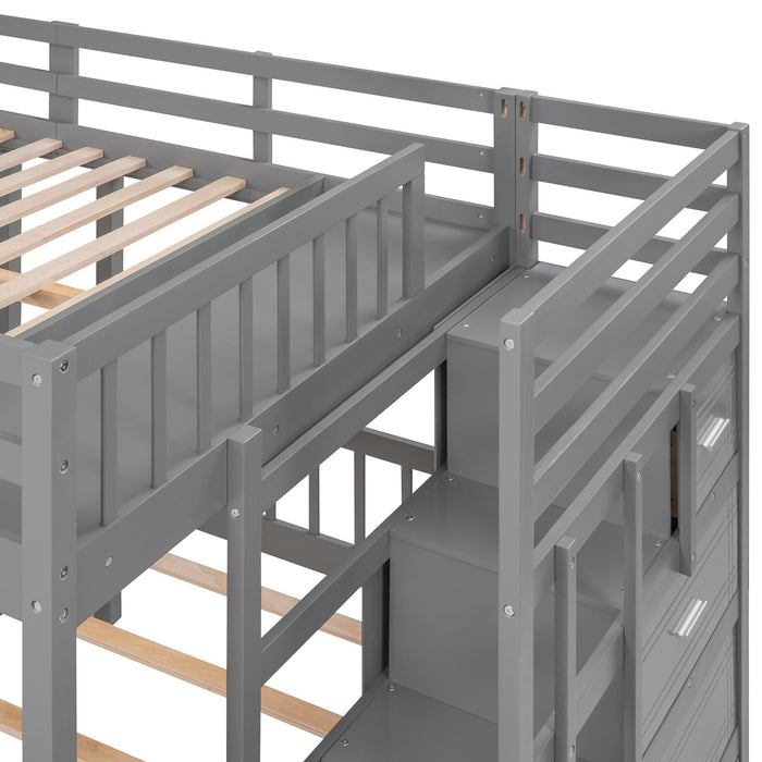 Full over Twin and Twin Bunk Bed with Drawers and Guardrail - Gray