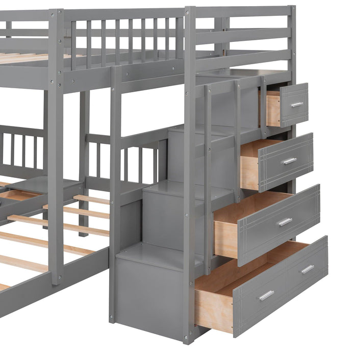 Full over Twin and Twin Bunk Bed with Drawers and Guardrail - Gray