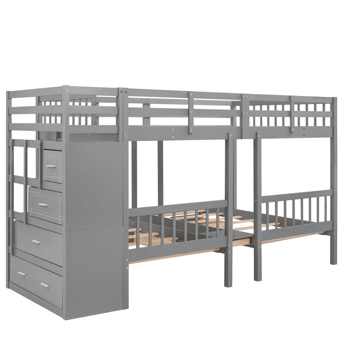 Full over Twin and Twin Bunk Bed with Drawers and Guardrail - Gray