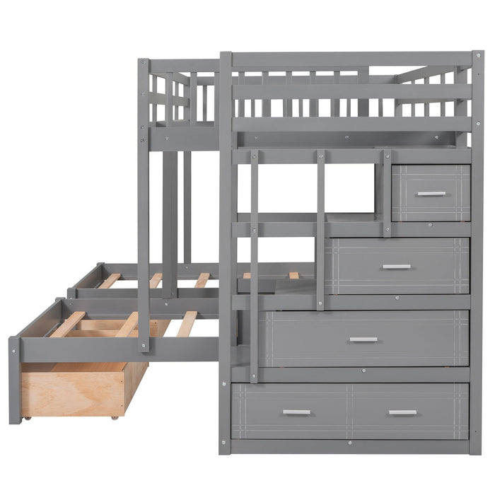 Full over Twin and Twin Bunk Bed with Drawers and Guardrail - Gray