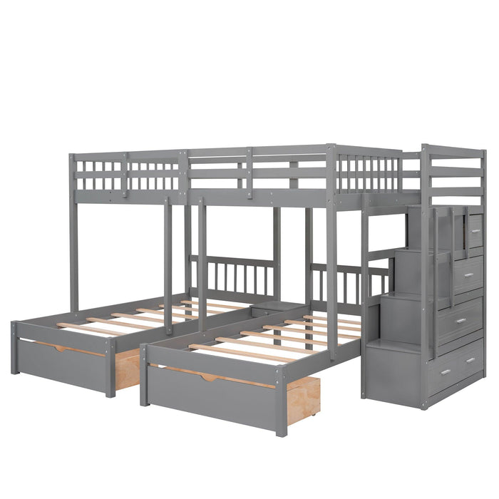 Full over Twin and Twin Bunk Bed with Drawers and Guardrail - Gray