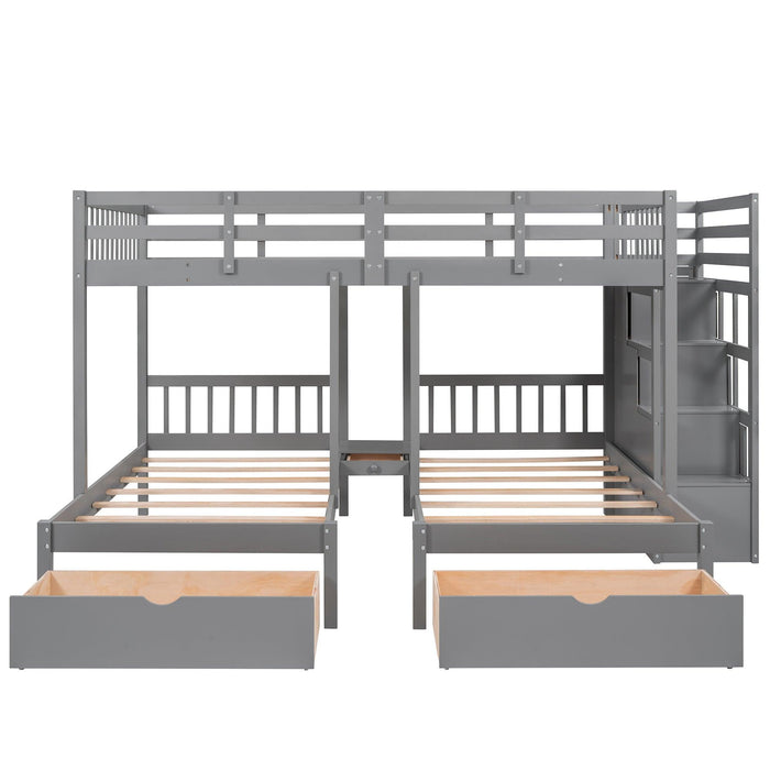 Full over Twin and Twin Bunk Bed with Drawers and Guardrail - Gray