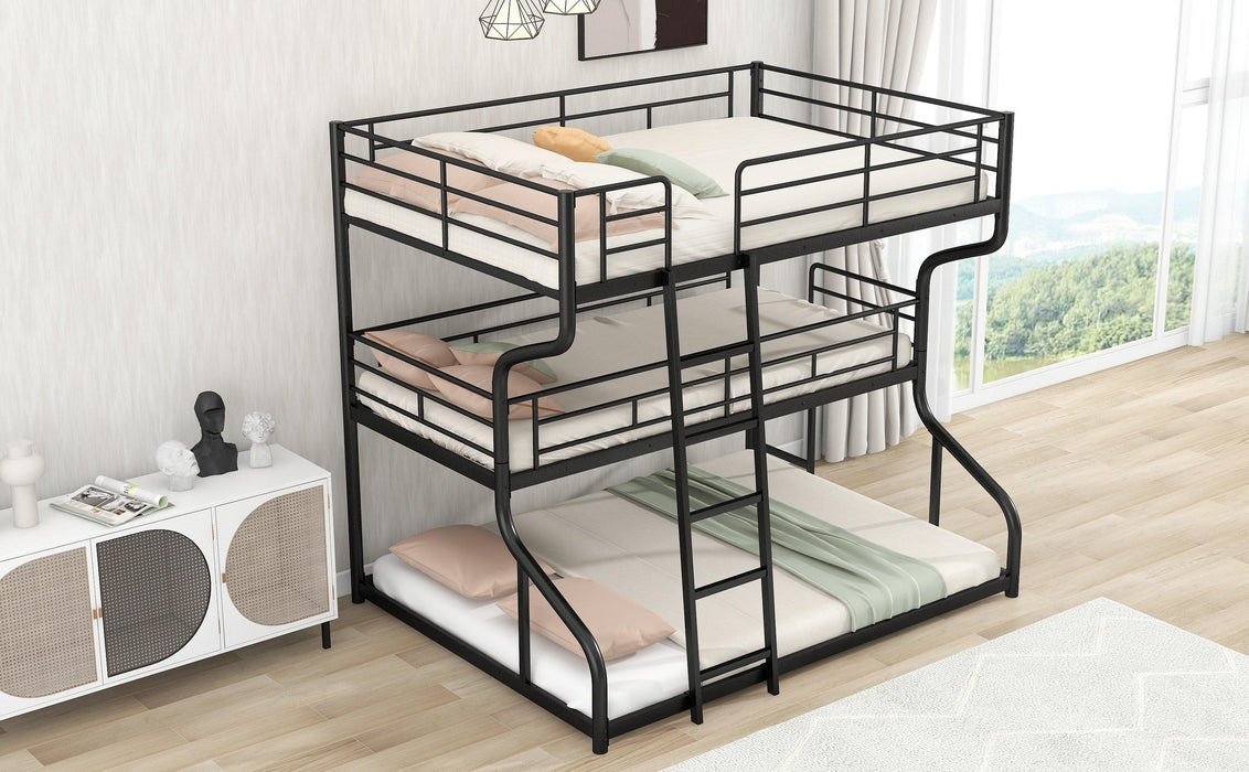 Full XL over Twin XL over Queen Triple Bunk Bed with Long and Short Ladder - In Black