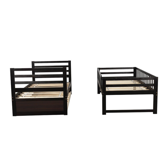 Twin over Twin Bunk Bed for Kids with Safety Rail and Twin Size Trundle Bed - Dark Brown