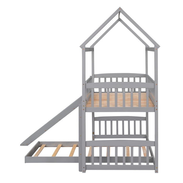 Twin over Twin House Shaped Bunk Bed with Slide - Gray