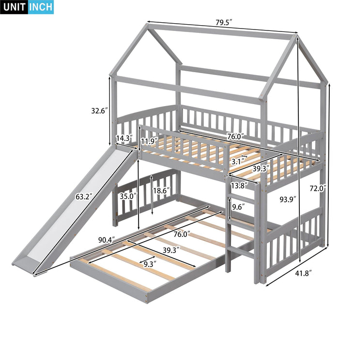 Twin over Twin House Shaped Bunk Bed with Slide - Gray