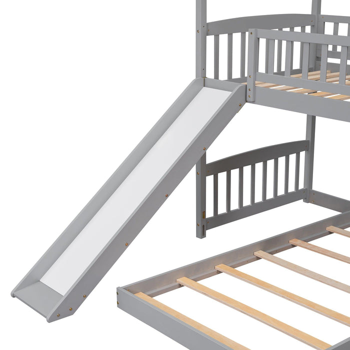 Twin over Twin House Shaped Bunk Bed with Slide - Gray