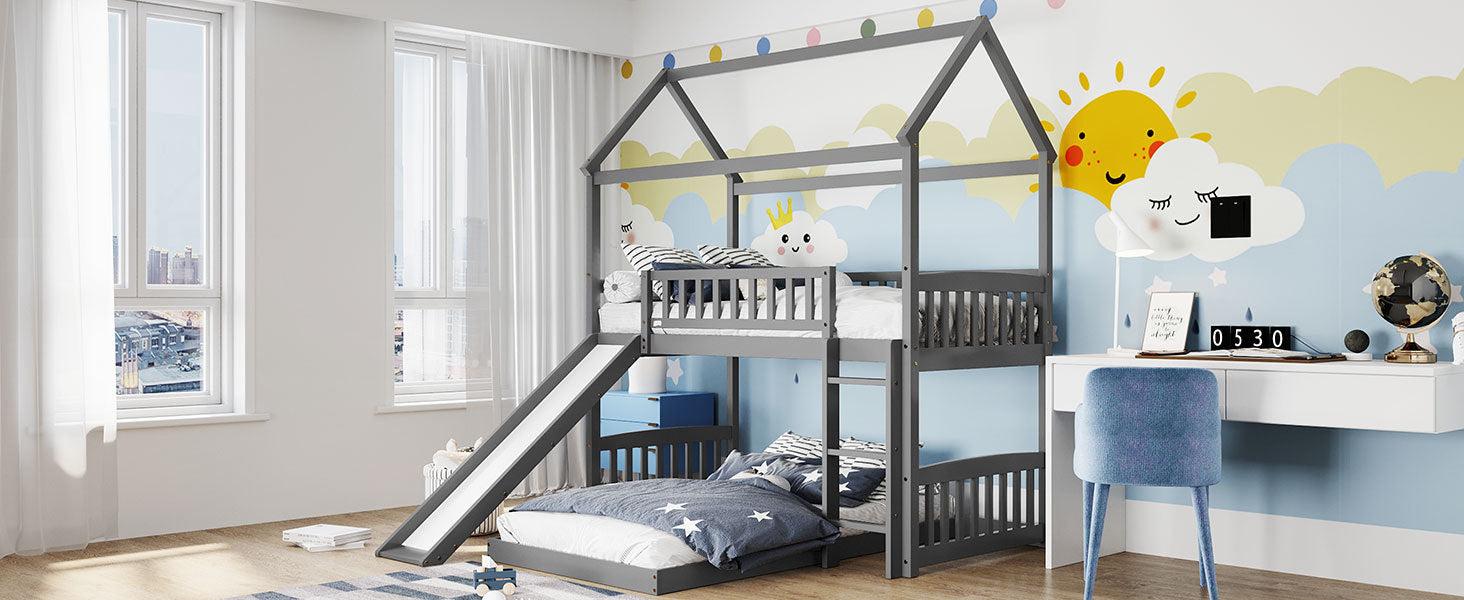 Twin over Twin House Shaped Bunk Bed with Slide - Gray