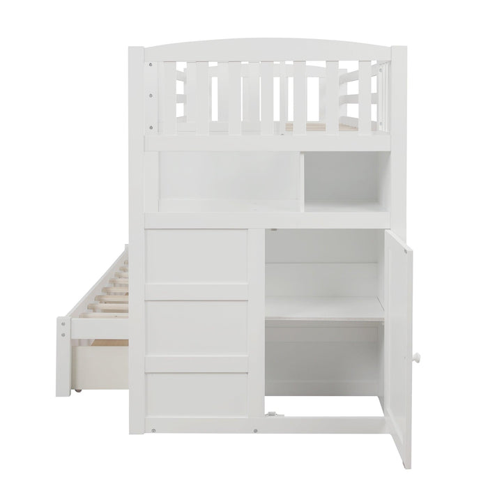 Twin over Twin or Twin over Full Convertible Bunk Bed withStorage Shelves and Drawers - White