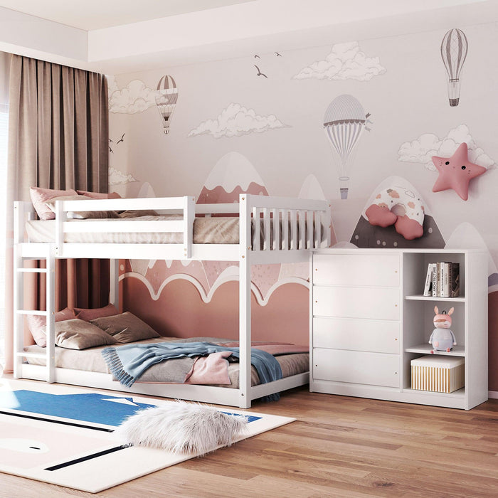 Twin over Twin Bunk Bed with 4 Drawers and 3 Shelves - White