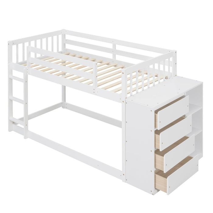 Twin over Twin Bunk Bed with 4 Drawers and 3 Shelves - White