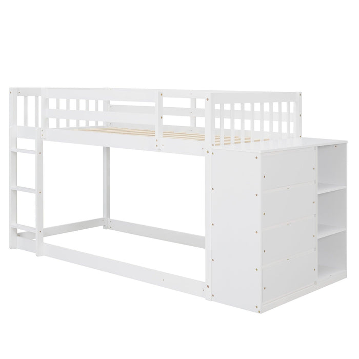 Twin over Twin Bunk Bed with 4 Drawers and 3 Shelves - White