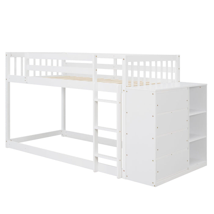 Twin over Twin Bunk Bed with 4 Drawers and 3 Shelves - White