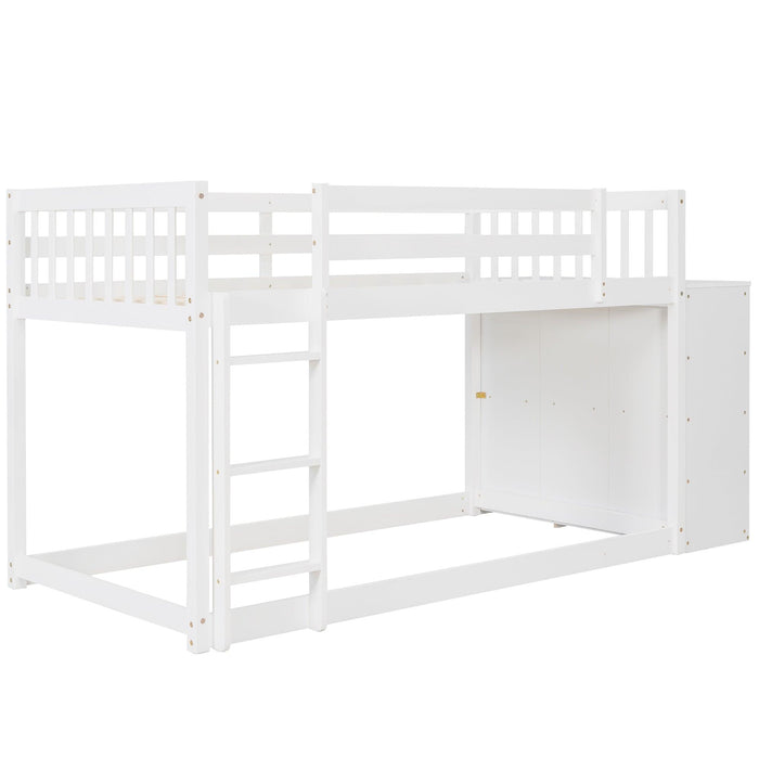 Twin over Twin Bunk Bed with 4 Drawers and 3 Shelves - White