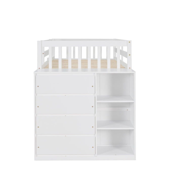 Twin over Twin Bunk Bed with 4 Drawers and 3 Shelves - White