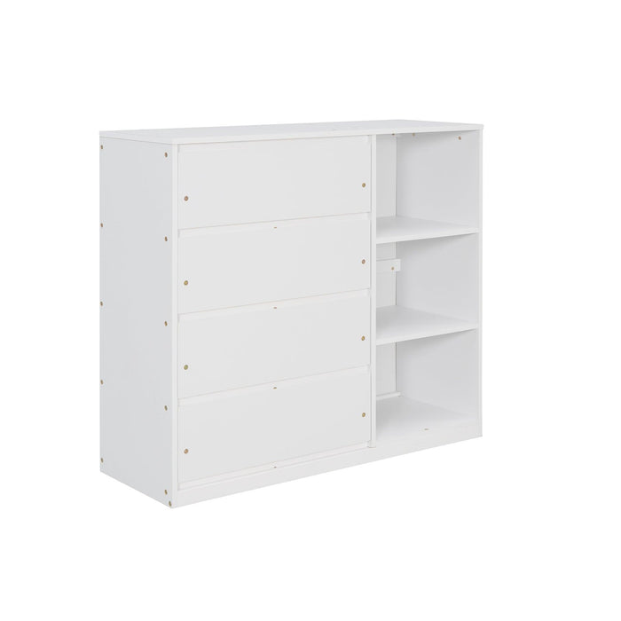 Twin over Twin Bunk Bed with 4 Drawers and 3 Shelves - White