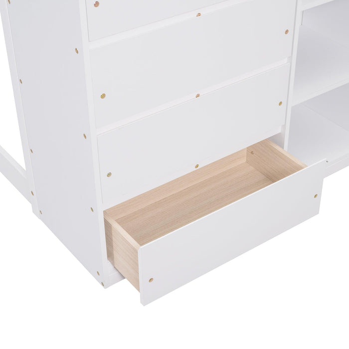 Twin over Twin Bunk Bed with 4 Drawers and 3 Shelves - White