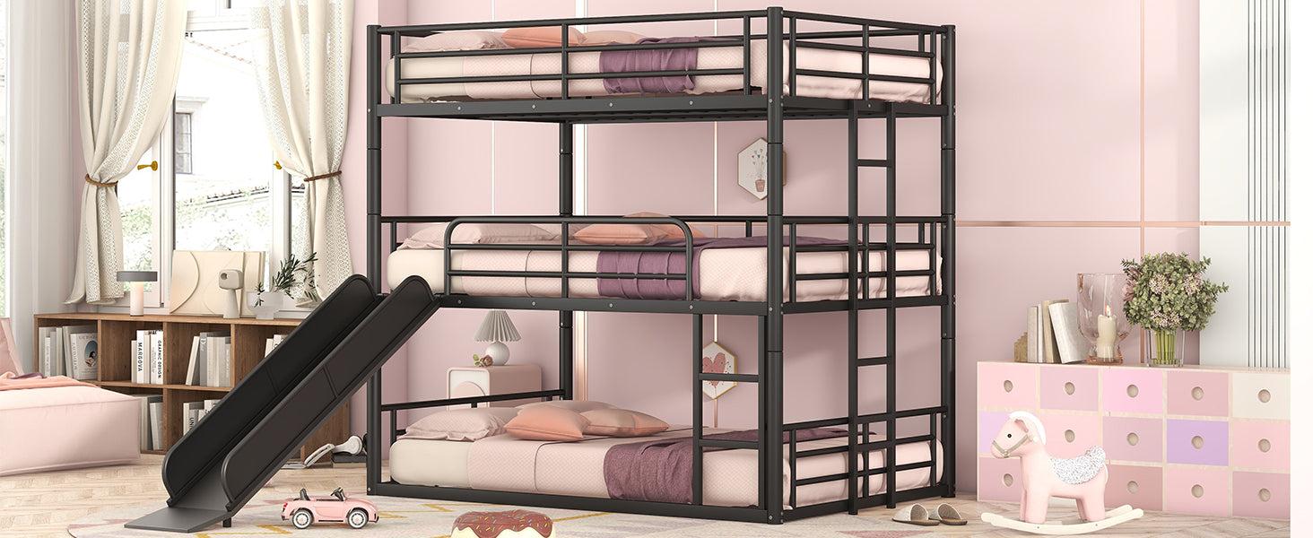 Full Size Convertible Metal Bunk Bed with Ladders and Slide - Black