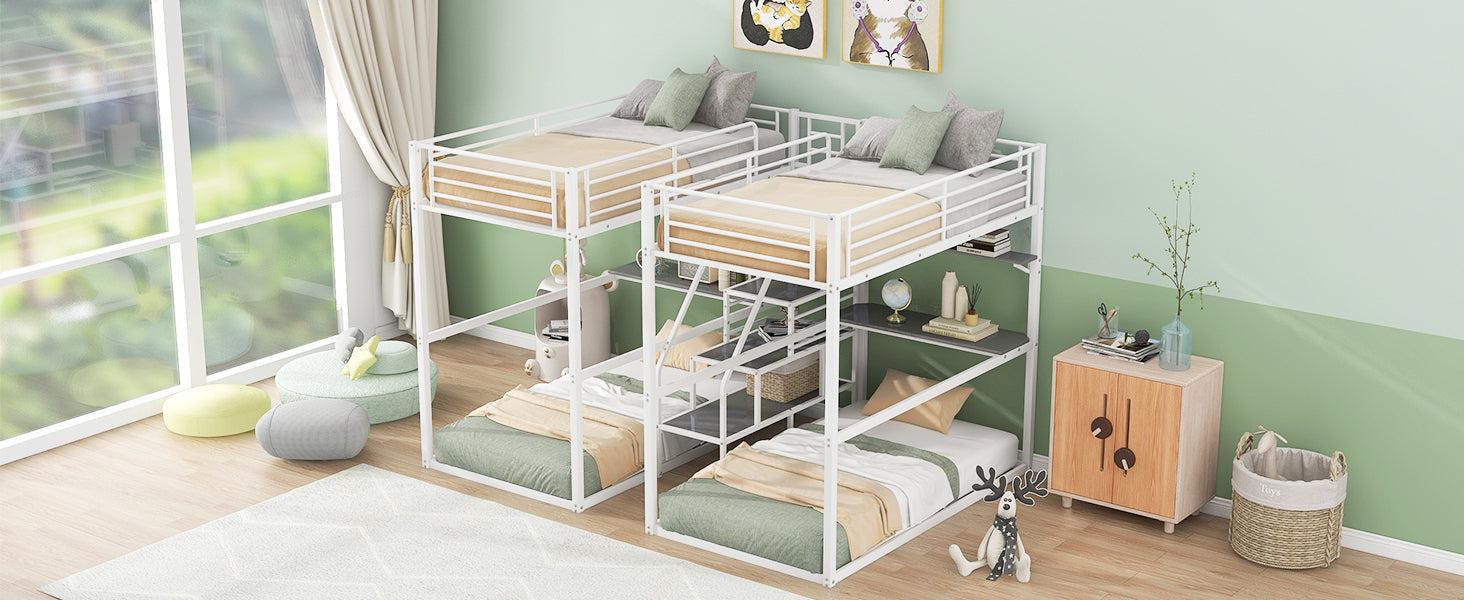 Double Twin over Twin Metal Bunk Bed with Desk Shelves andStorage Staircase - White