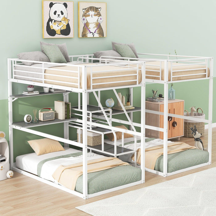 Double Twin over Twin Metal Bunk Bed with Desk Shelves andStorage Staircase - White