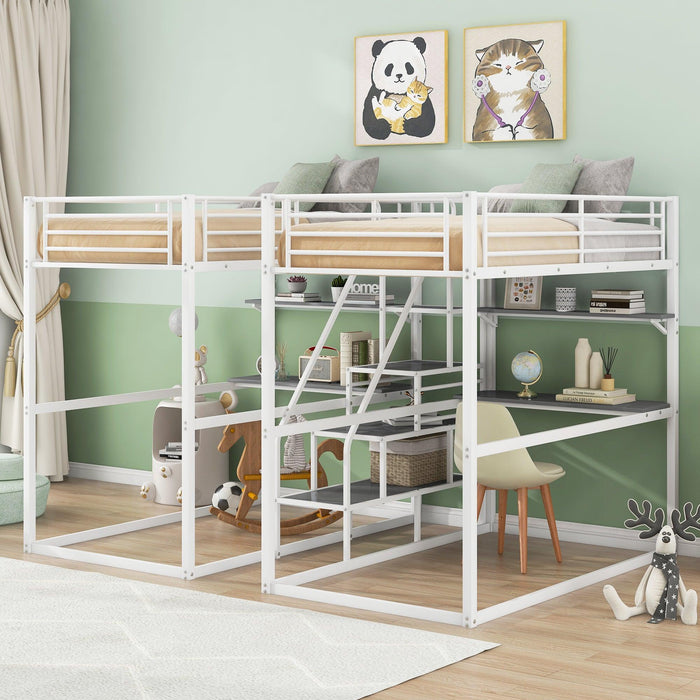 Double Twin over Twin Metal Bunk Bed with Desk Shelves andStorage Staircase - White