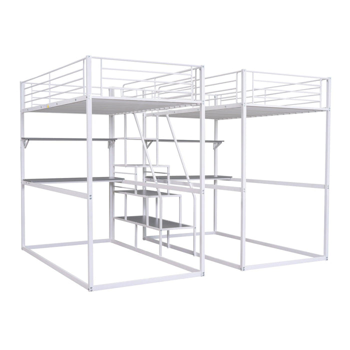 Double Twin over Twin Metal Bunk Bed with Desk Shelves andStorage Staircase - White