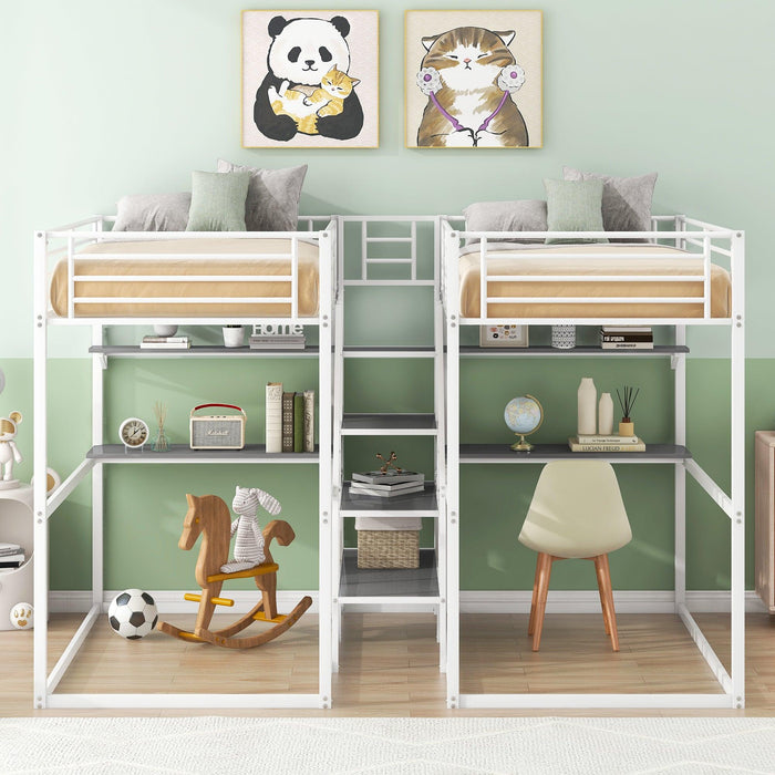 Double Twin over Twin Metal Bunk Bed with Desk Shelves andStorage Staircase - White