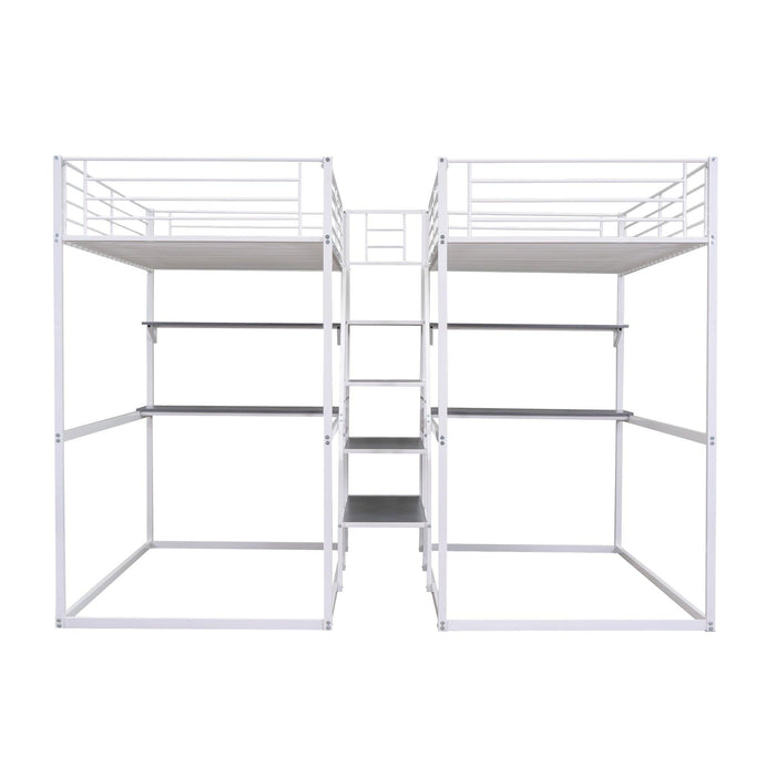 Double Twin over Twin Metal Bunk Bed with Desk Shelves andStorage Staircase - White