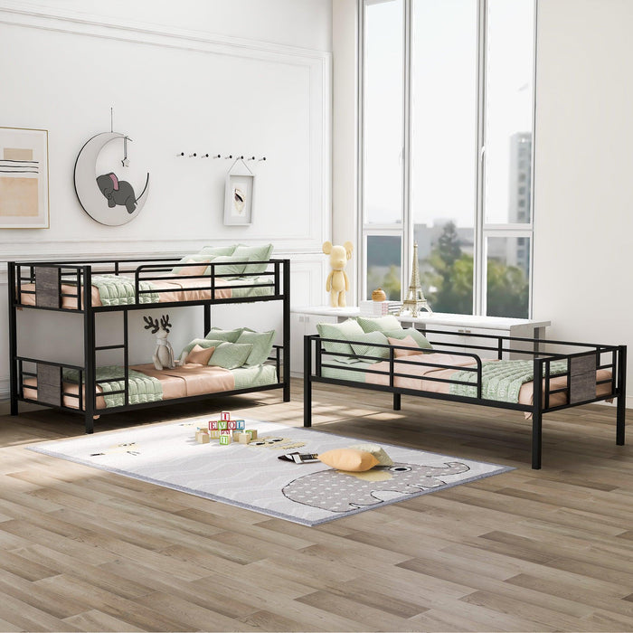 Twin Size Triple Metal Bunk Bed with Wood Decoration Headboard and Footboard - Gray