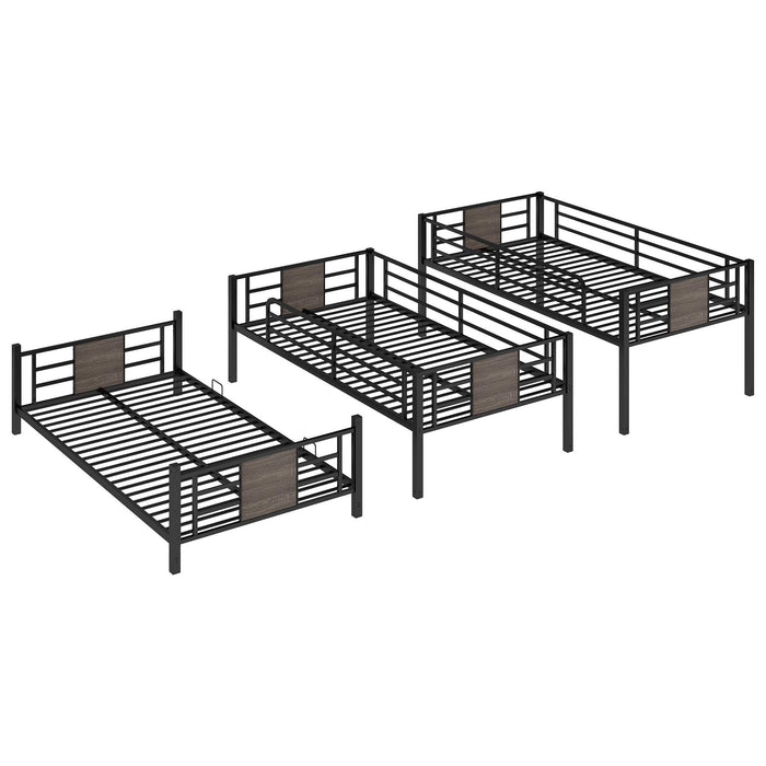 Twin Size Triple Metal Bunk Bed with Wood Decoration Headboard and Footboard - Gray