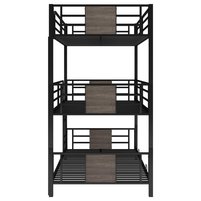 Twin Size Triple Metal Bunk Bed with Wood Decoration Headboard and Footboard - Gray