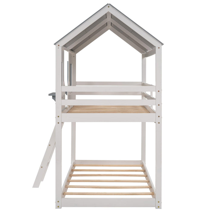 Twin over Twin House Shaped Bunk Bed with Roof Window Guardrail Ladder - White