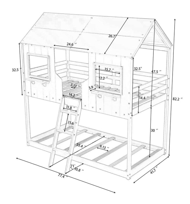 Twin over Twin House Shaped Bunk Bed with Roof Window Guardrail Ladder - White