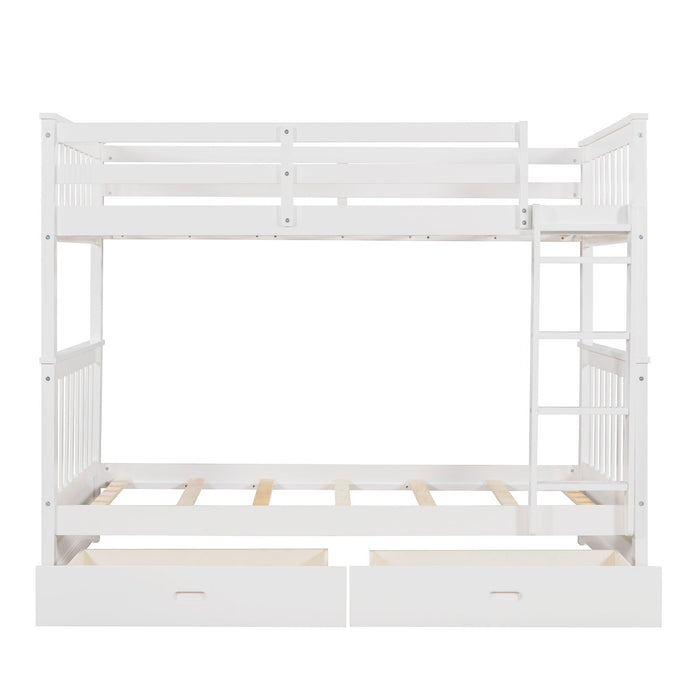 Twin over Twin Bunk Bed with Ladders and TwoStorage Drawers - White