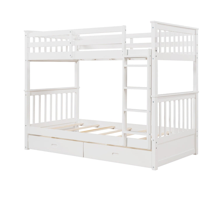 Twin over Twin Bunk Bed with Ladders and TwoStorage Drawers - White