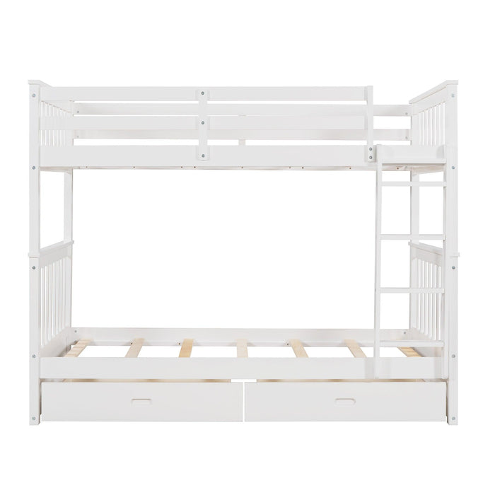 Twin over Twin Bunk Bed with Ladders and TwoStorage Drawers - White