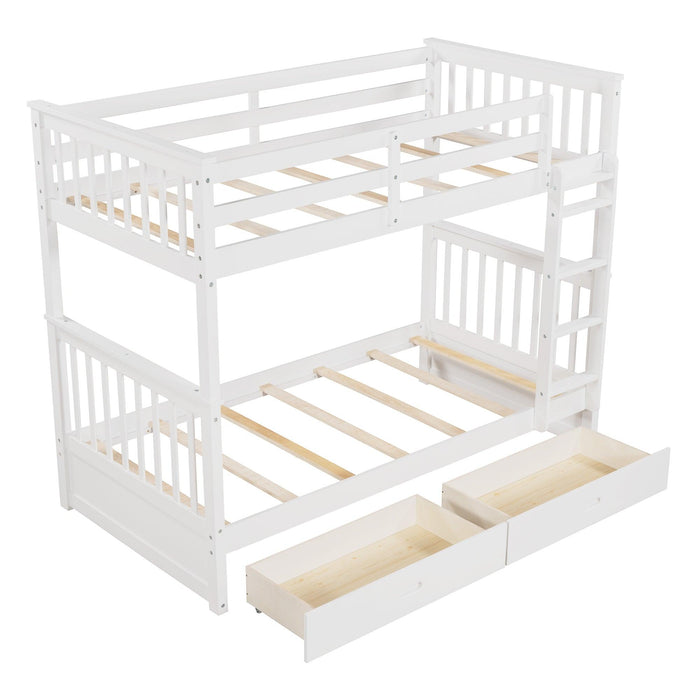 Twin over Twin Bunk Bed with Ladders and TwoStorage Drawers - White