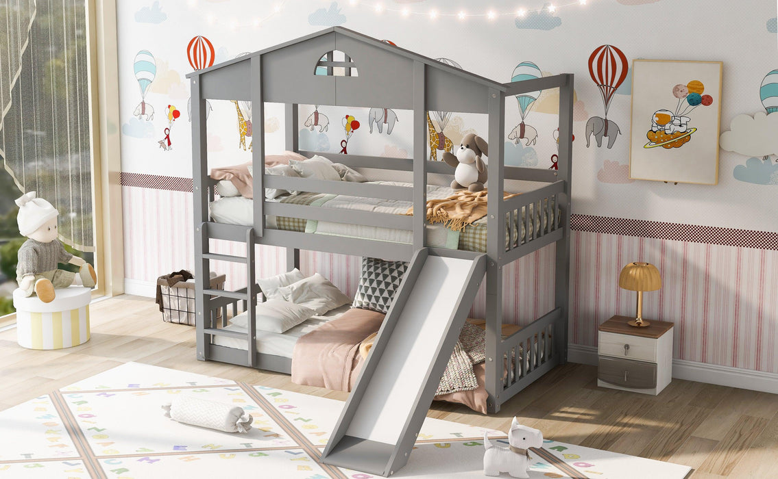 Twin over Twin Convertible House Shaped Bunk Bed with Slide and Ladder - Gray