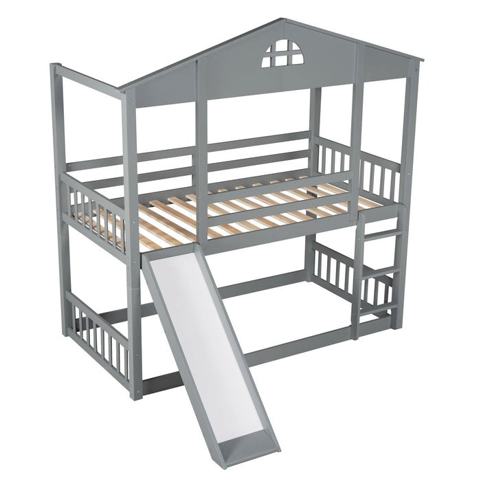 Twin over Twin Convertible House Shaped Bunk Bed with Slide and Ladder - Gray