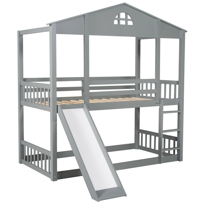 Twin over Twin Convertible House Shaped Bunk Bed with Slide and Ladder - Gray