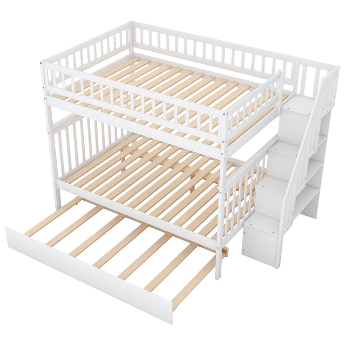 Full over Full Bunk Bed with Twin Size Trundle andStorage Staircase - White