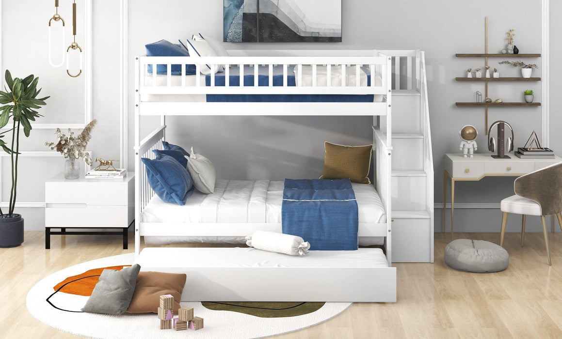 Full over Full Bunk Bed with Twin Size Trundle andStorage Staircase - White