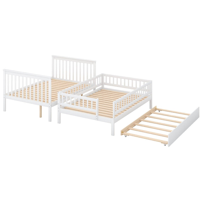 Full over Full Bunk Bed with Twin Size Trundle andStorage Staircase - White