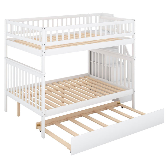 Full over Full Bunk Bed with Twin Size Trundle andStorage Staircase - White