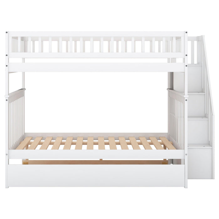 Full over Full Bunk Bed with Twin Size Trundle andStorage Staircase - White