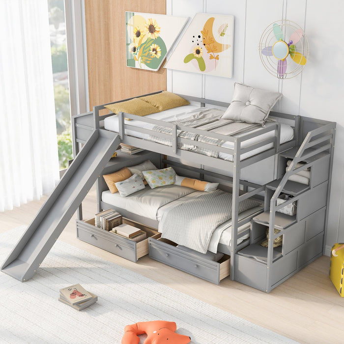 Twin over Twin Bunk Bed withStorage Staircase, Slide, Drawers and Desk with Drawers and Shelves - Gray