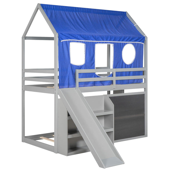 Twin over Twin House Shaped Bunk Bed with Blue Ten, Slide, Shelves and Blackboard - Gray