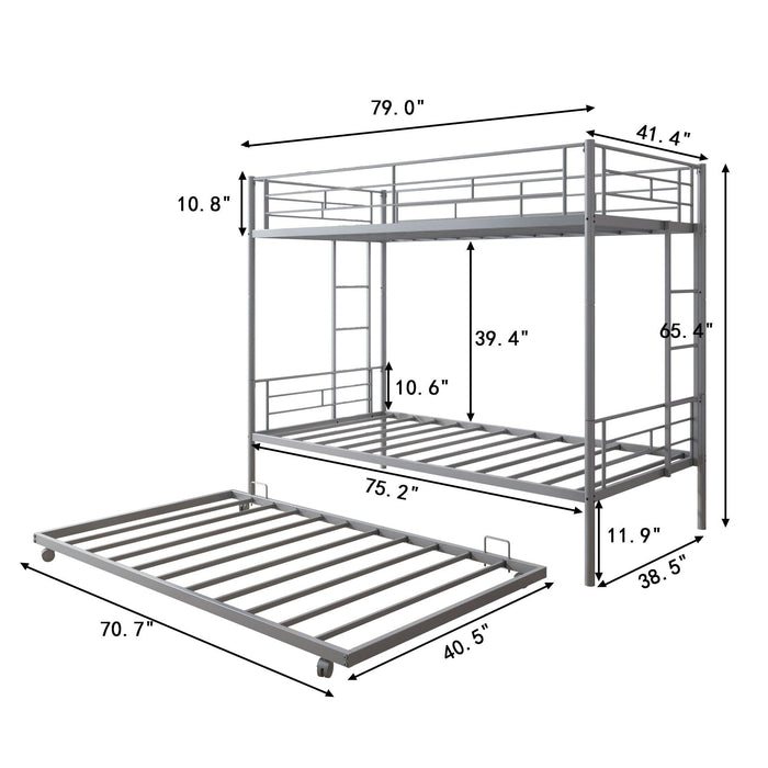 Twin over Twin Metal Bunk Bed with 2 Side Ladders, Safety Guard Rails and Twin Size Trundle Bed - Silver