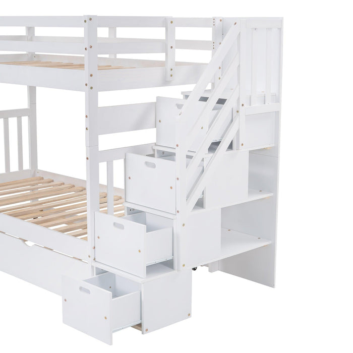 Twin over Twin or Twin over Full Convertible Bunk Bed withStorage Drawers and Twin Size Trundle Bed - White